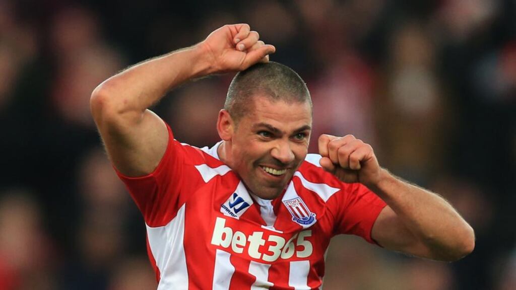 Jonathan Walters celebrates scoring the third goal during the Barclays Premier League match at the Britannia Stadium, Stoke. Photograph: Mike Egerton/PA