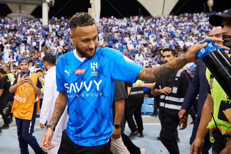 Neymar Jr of Al Nassr FC meets the fans at half-time during the Saudi Pro League football match between Al Hilal Saudi FC and Al-Fayha at Prince Faisal Bin Fahad in Riyadh, Saudi Arabia. Photograph: Adam Nurkiewicz/Getty Images