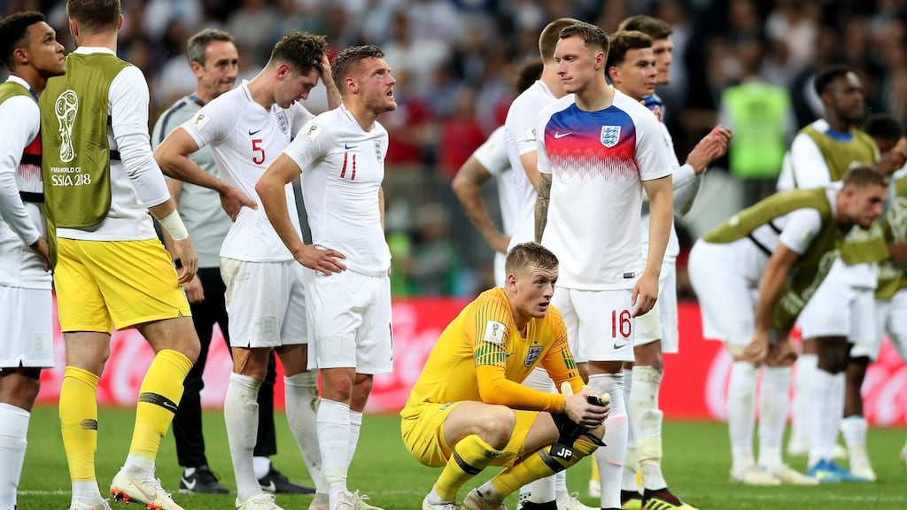 England players look on dejected following their loss to Croatia in the 2018  World Cup semi-finals in Moscow. Photo: Clive Rose/Getty Images