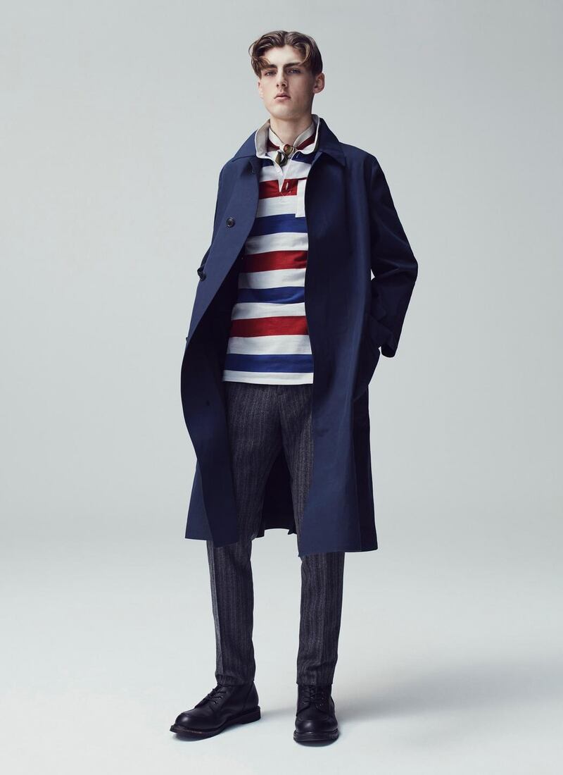 Bonded mac €1,545, rugby rose patch €150, nipped collar T-shirt €85, trouser cinch back €325, all from Kent & Curwen