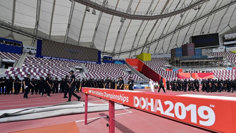 Security prepares at the Khalifa International Stadium prior to the start of the World Athletics Championships. Photo: Martin Meissner/AP Photo