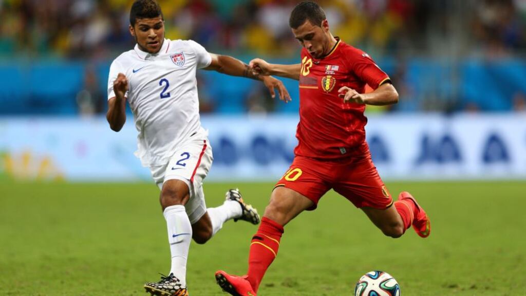 USA’s DeAndre Yedlin gives chase as Belgium’s Eden Hazard closes in on goal during their last-16 game. His coach, Marc Wilmots, will be looking for some inspiration from the Chelsea midfielder.