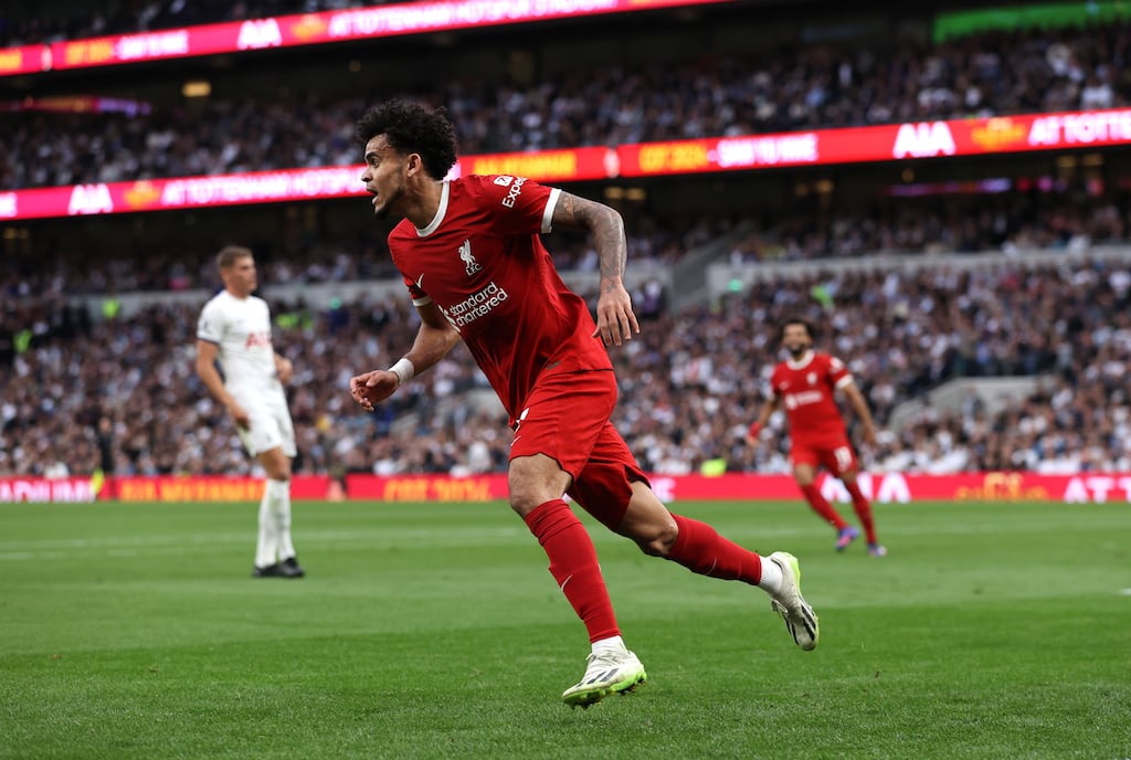 Luis Diaz of Liverpool reacts after his goal was ruled offside during the Premier League match against Tottenham Hotspur. Photograph: Ryan Pierse/Getty Images