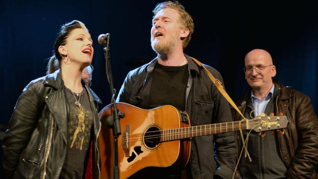 Imelda May, Glen Hansard and Roddy Doyle in Barrytown Meets MusicTown, a musical and literary celebration of Roddy Doyle’s ‘The Barrytown Trilogy’, at Vicar Street, Dublin. Photograph: Eric Luke