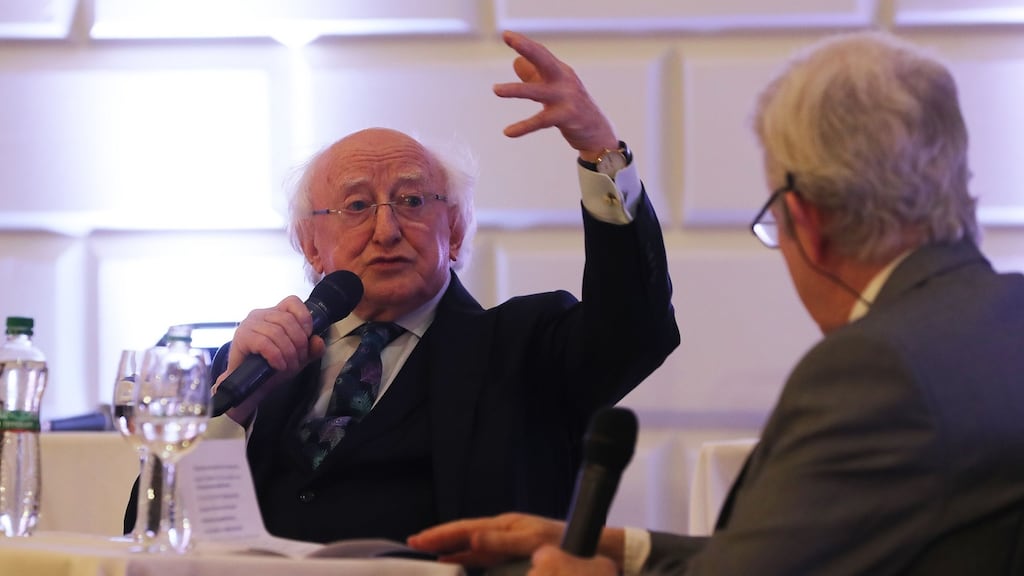 President Michael D. Higgins speaks to interview John Bowman during an event to makr 250 years of the College Historical Society of Trinity College Dublin, more commonly known as The Hist. Photograph: Nick Bradshaw/The Irish Times.