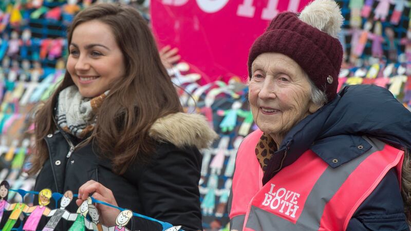 Former UCD students’ union president Katie Ascough  and Josephine McCarthy at a rally on Emmet Square in Cork. Photograph: Michael MacSweeney/Provision