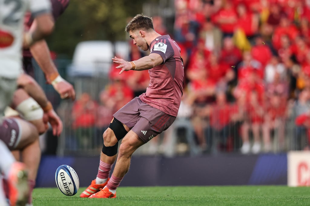 Munster's Jack Crowley scores a drop goal against La Rochelle. Photograph: Ben Brady/Inpho