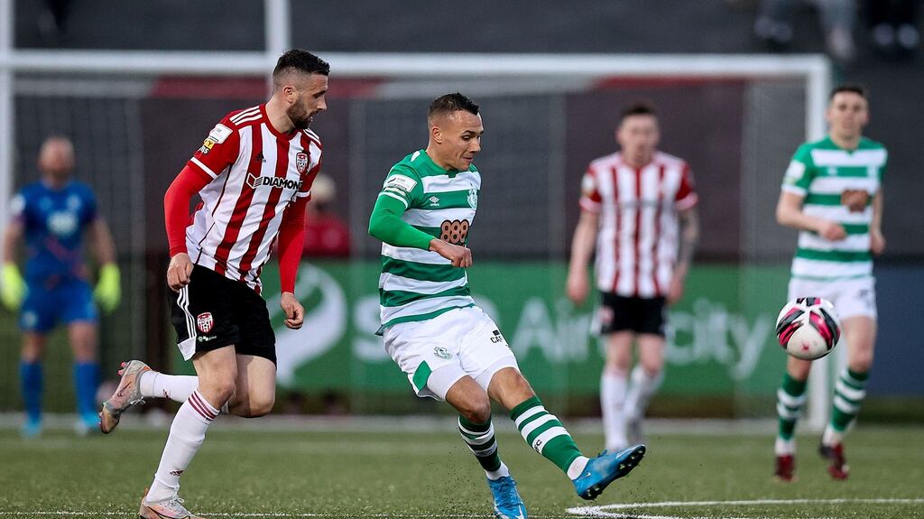 Graham Burke scores from the halfway line in Shamrock Rovers’ SSE Airtricity League Premier Division match against Derry City at  Ryan McBride Brandywell Stadium. Photograph: Tommy Dickson/Inpho