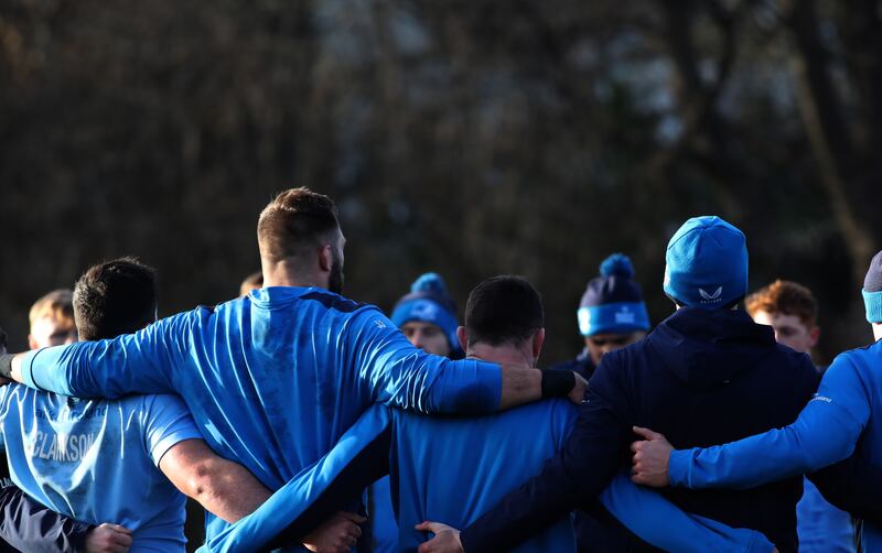 Leinster players huddle during training at UCD on Monday. Leinster have qualified for the next phase of the Champion’s Cup but hope to secure a home venue for the knockout stage. Photograph: Nick Elliott/Inpho