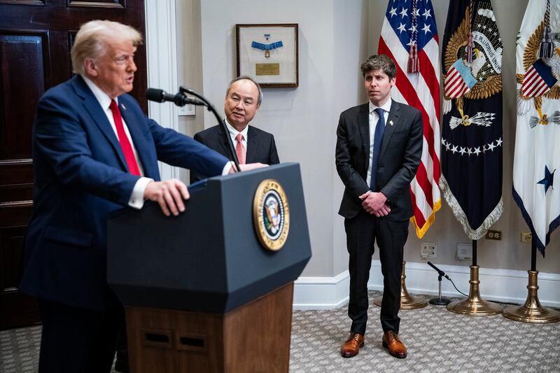 US president Donald Trump is joined by Masayoshi Son (left), chief executive of SoftBank, and Sam Altman, chief executive of OpenAI, at an event touting a $100 billion venture in artificial intelligence infrastructure at the White House on Tuesday. Photograph: Haiyun Jiang/The New York Times