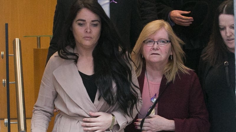 Jennifer Ball (L) sister of Joanne Ball, and Catherine Ball mother of Joanne Ball at the Coroners Court inquest into the death of Joanne Ball in Store Street, Dublin. Photograph:Gareth Chaney/Collins
