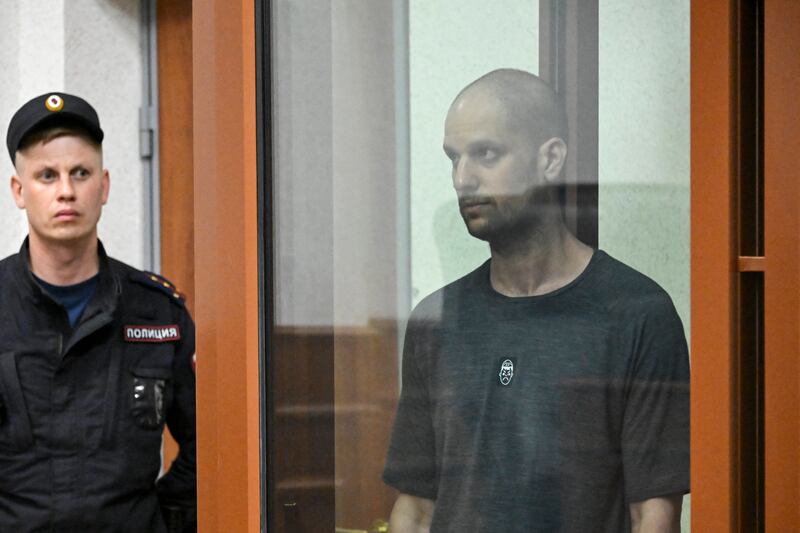 US journalist Evan Gershkovich in court in Russia where he was convicted over claims of espionage. Photograph: Alexander Nemenov/AFP