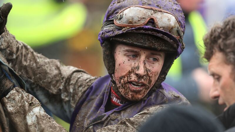 2018 Fairyhouse Racing Festival, Fairyhouse Racecourse, Co. Meath 2/4/2018 The Farmhouse Foods Novice Handicap HurdleJockey Bryan Cooper dismounts Quamino after the raceMandatory Credit ©INPHO/Bryan Keane