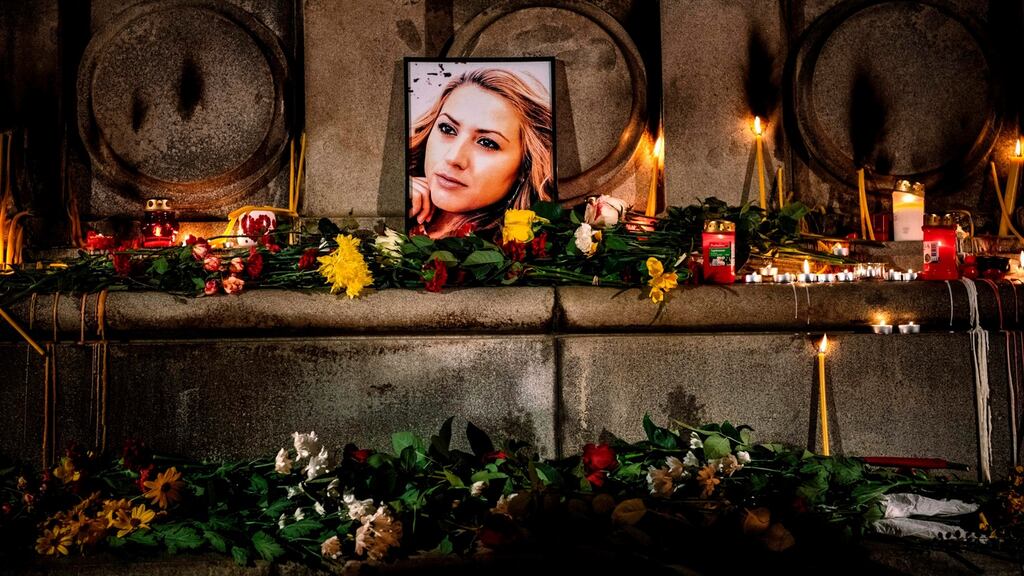 A portrait of murdered Bulgarian television journalist Viktoria Marinova during a candlelit vigil in the city of Ruse. Photograph: Dimitar Dilkoff/AFP/Getty Images