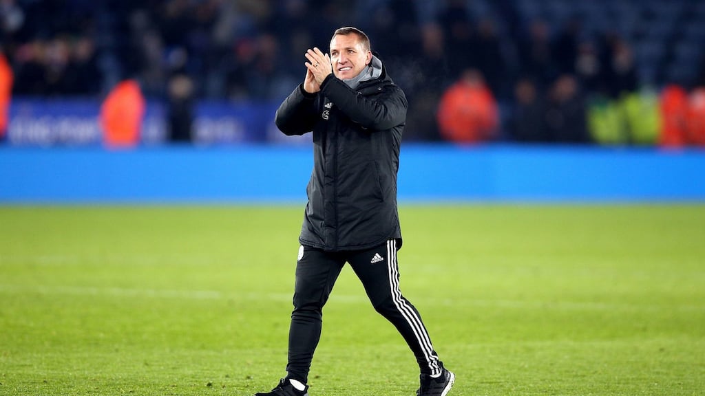 Leicester City manager Brendan Rodgers applauds the fans after his side scored a late winner against Everton during their Premier League clash. Photo: Nigel French/PA Wire