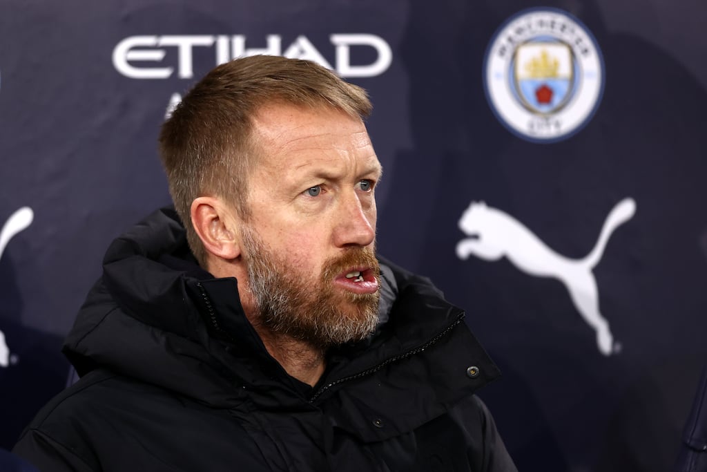 Graham Potter, manager of Chelsea, looks on in the game against Manchester City. Photograph: Naomi Baker/Getty