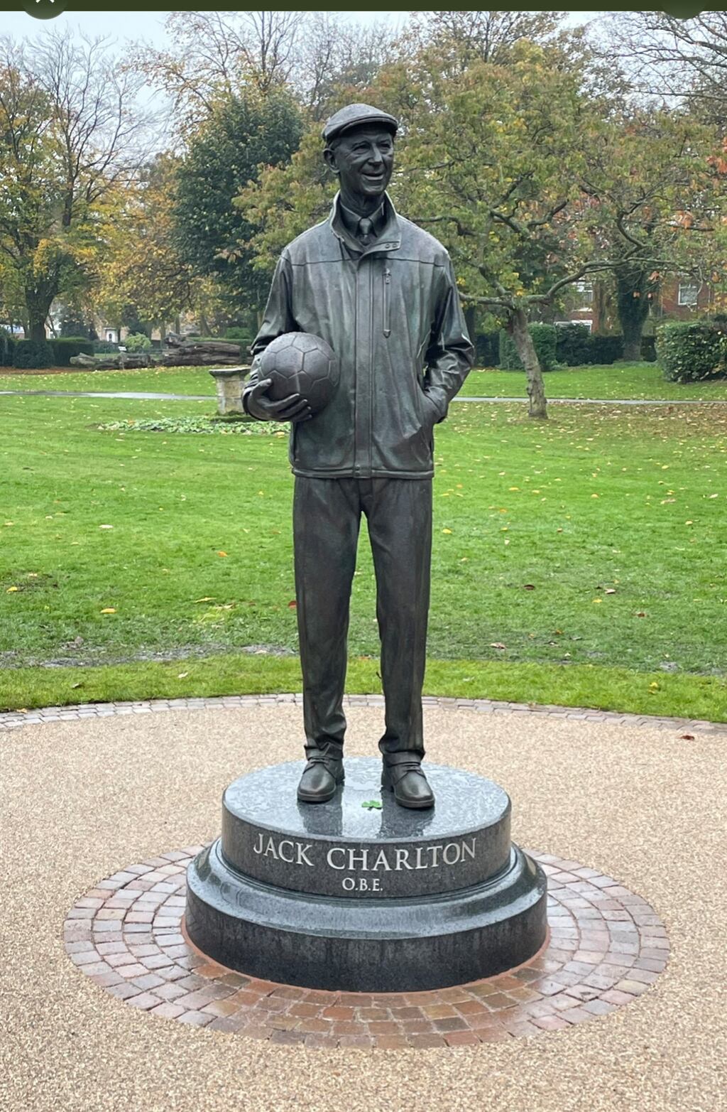 The Jack Charlton statue at Hirst Park in Ashington, Northumberland. Photograph: Ashington AFC