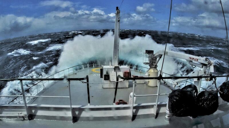 Stormy seas on the RV Celtic Explorer during the Go-Ship  survey, which aimed to assess how the North Atlantic is changing in response to global warming. Photograph: Tomasz Szumski