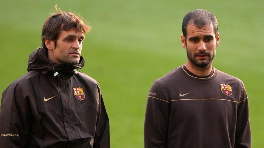 Former Barcelona coach Tito Vilanova (left), seen here with friend and predecessor at the club Pep Guardiola, has died from throat cancer at the age of 45. Photograph: Nick Potts/PA Wire