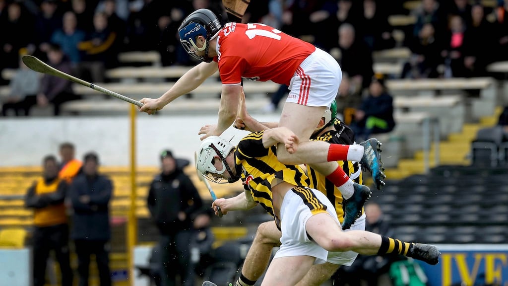 Conor Lehane of Cork goes highest in a bid to claim a high ball during the Allianz Hurling League Division 1A relegation playoff at Nowlan Park. Photograph: Lorraine O’Sullivan/Inpho