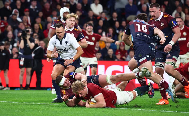 British and Irish Lions' Jac Morgan scores a try against Queensland Reds in Brisbane on Wednesday. Photograph: Jason O'Brien/PA Wire