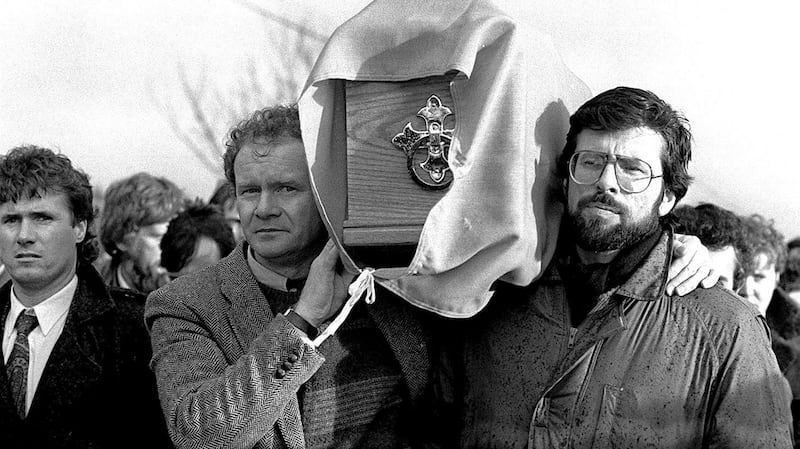 Gerry Adams helps carry the coffin of IRA man Brendan Moley at his funeral in 1988. Photograph: Pacemaker Belfast