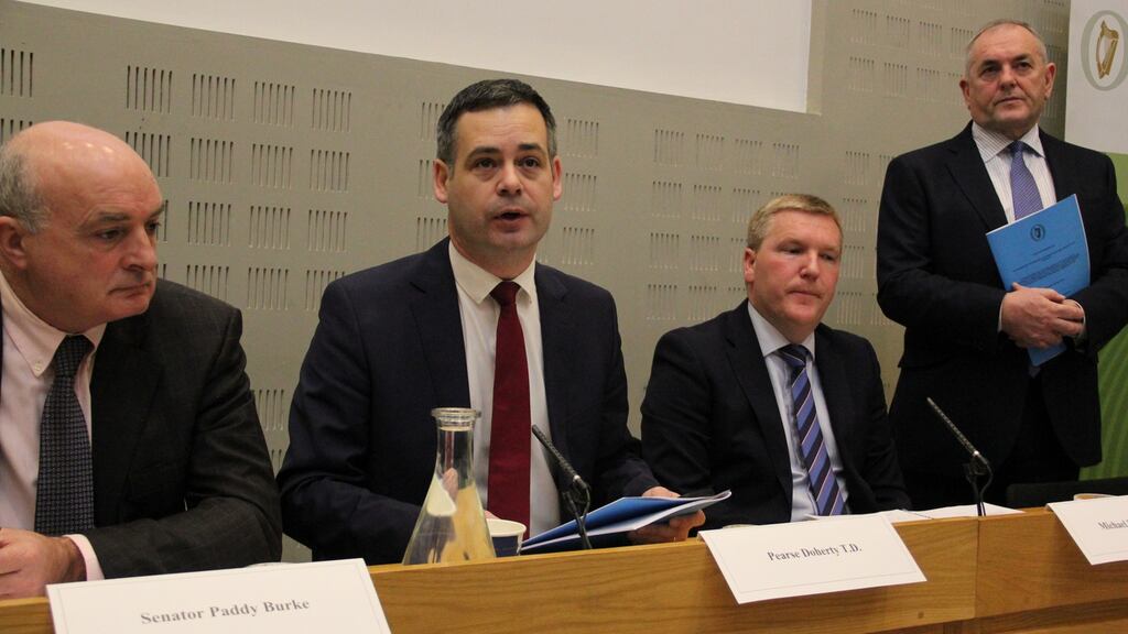 Senator Paddy Burke, Pearse Doherty TD, Michael McGrath TD and John McGuinness TD at the launch of the report reviewing the credit union sector.