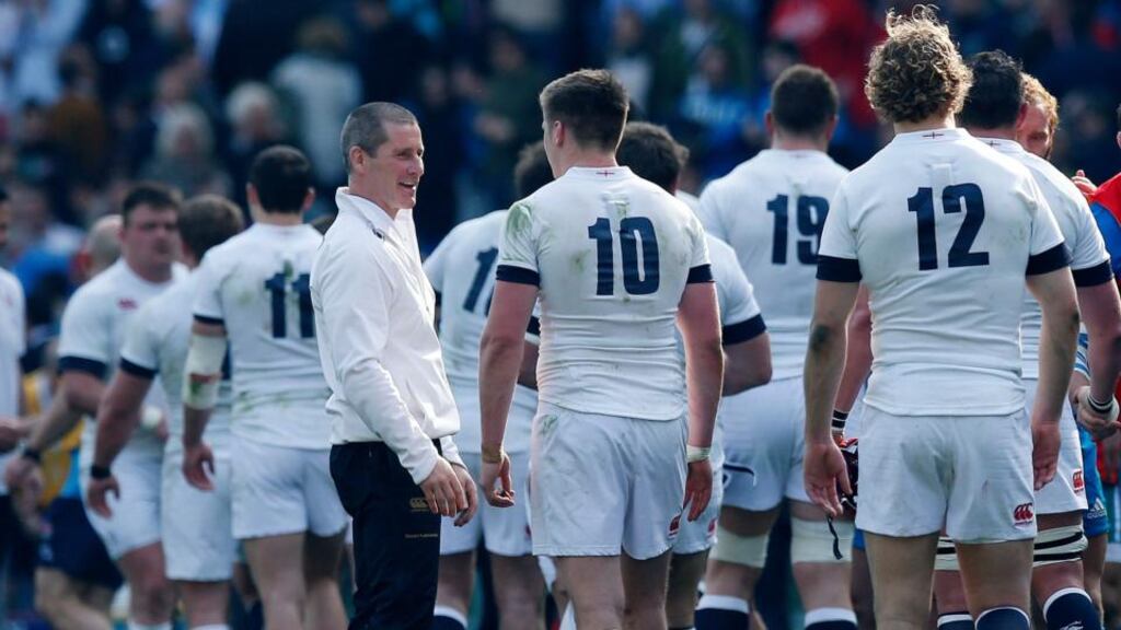 England coach Stuart Lancaster (left) congratulates England players including Owen Farrell (number 10) as they leave the pitch following the Six Nations win over Italy. Photograph: Jonathan Brady/PA Wire