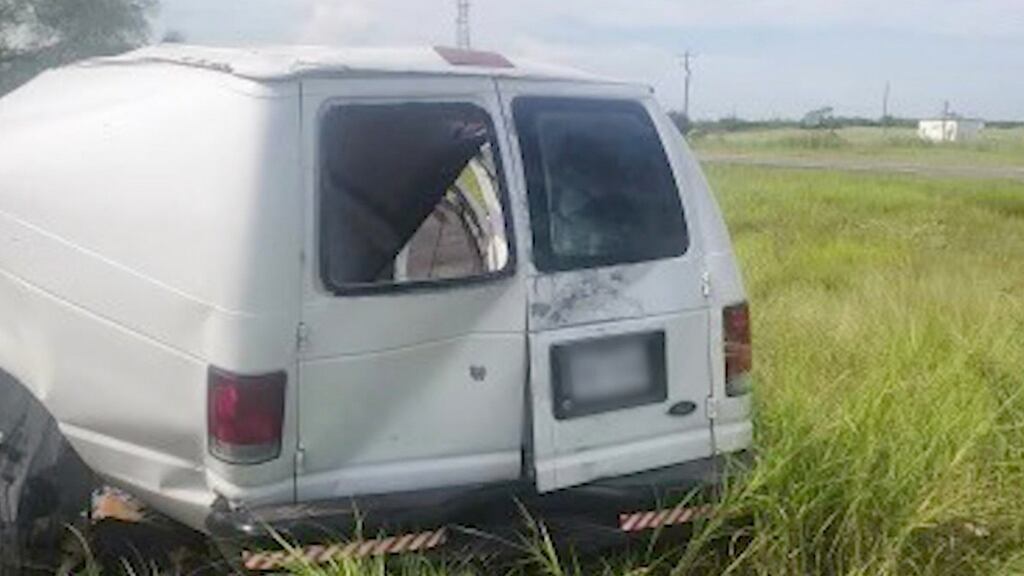 A provided image shows a wrecked van that was carrying 30 people who are believed to be migrants, in Brooks County, Texas. At least 10 people died after the van crashed. Photograph: Brooks County Sheriffs Office /The New York Times