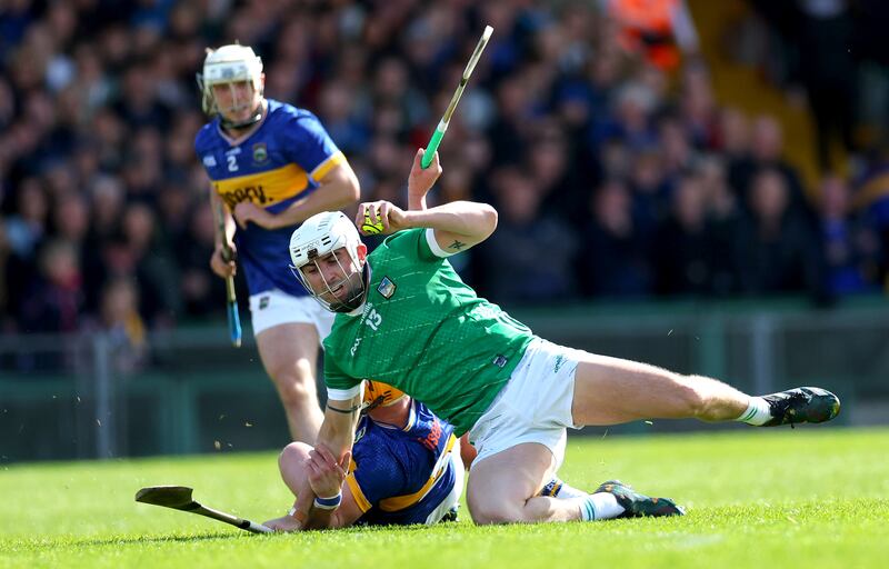 Tipperary’s Ronan Maher and Aaron Gillane of Limerick. Photograph: James Crombie/Inpho