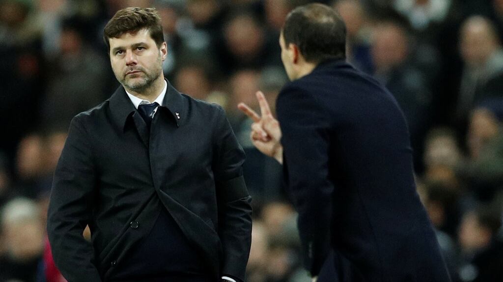 Tottenham manager Mauricio Pochettino and Juventus coach Massimiliano Allegri during their Champions League last 16 encounter which resulted in the Italian side winning 4-3 on aggregrate. Photograph: John Sibley/Reueters