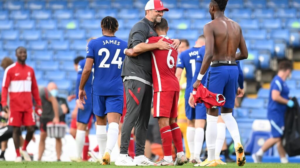 Jurgen Klopp with his new signing Thiago Alcantara after Liverpool’s win over Chelsea at Stamford Bridge. Photograph: Getty Images