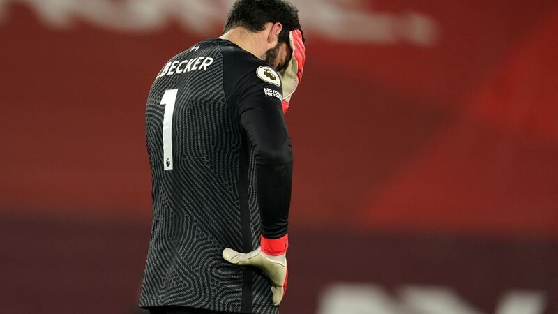 Liverpool’s Brazilian goalkeeper Alisson Becker made two mistakes in a rare off day. Photograph: Getty Images