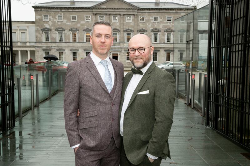 Head of Green Party NI, Mal O’Hara, pictured when he became a member of the Seanad outside Leinster House with his husband Michael McCartan. Photograph: Iain White for Karl Hussey Photography