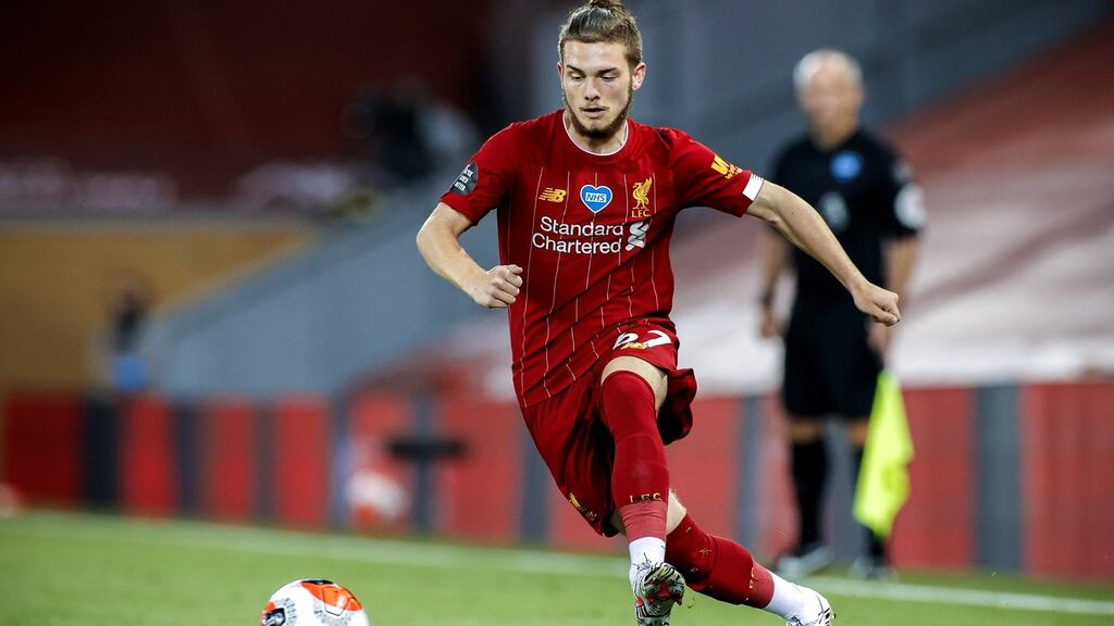 Harvey Elliott in action for Liverpool in the Premier League game against Crystal Palace at Anfield. Photograph: Phil Noble/EPA/NMC/Pool