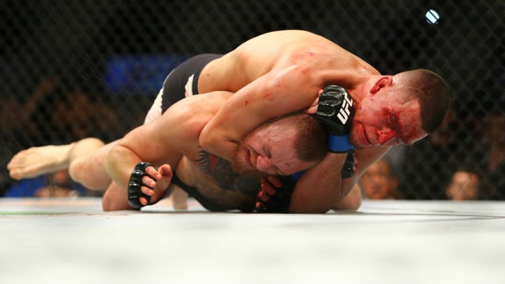 Nate Diaz applies a choke hold to win by submission against Conor McGregor in March 2016. Photograph: Rey Del Rio/Getty Images