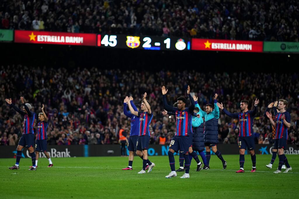 Barcelona celebrate their win over Real Madrid at the Camp Nou in Catalonia. Photograph: Alex Caparros/Getty Images