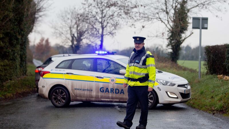 A garda is pictured close to the scene where a man’s body was found in a field at Walterstown, Dunboyne, Co Meath. Photograph: Tom Honan.