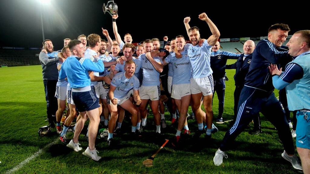 Na Piarsaigh players and officials celebrate their victory over Doon in the Limerick SFC final at the LIT Gaelic Grounds. Photograph: Ryan Byrne/Inpho