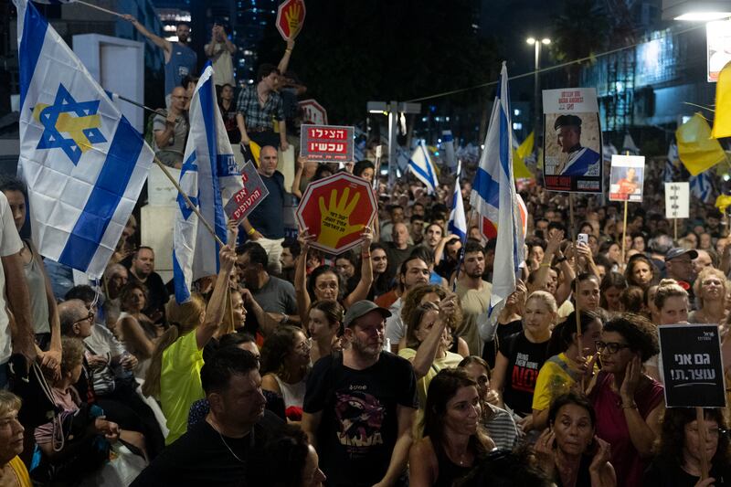 Demonstrators in Tel Aviv on Sunday demand the release of hostages and an end to the war. Photograph: Amir Levy/Getty