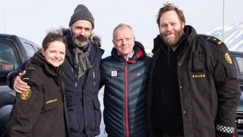 Olafur Darri Olafsson (right) and colleagues on the set of Trapped