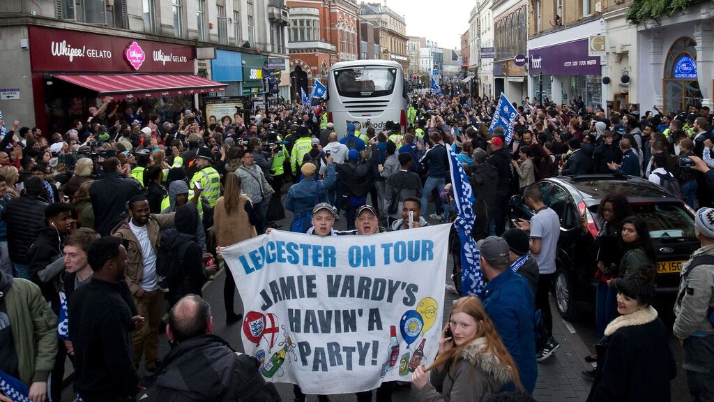 Leicester City fans celebrate after it was confirmed they were the 2015/’16 Premier League champions. Photograph: Getty Images