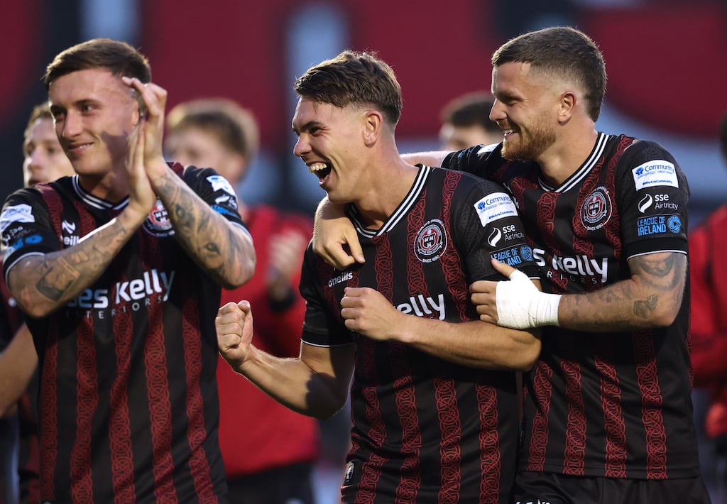 Bohs’ Dayle Rooney celebrates with Adam McDonnell. Photograph: James Crombie/Inpho