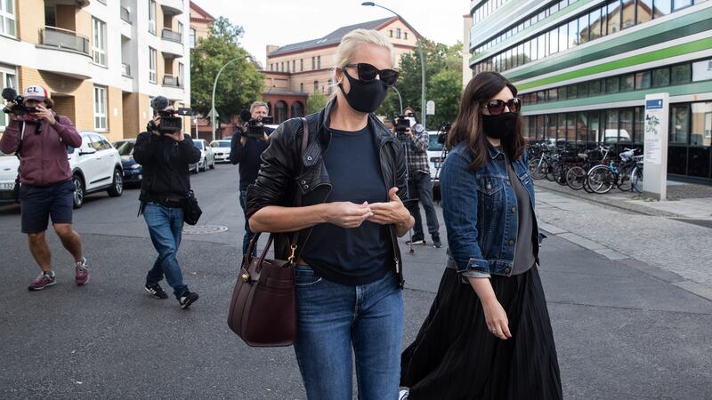 Yulia Navalny (left) calling on Tuesday at the Charité hospital in Berlin where her husband, Russian opposition activist Alexei Navalny, is receiving treatment for suspected poisoning. Photograph: Hayoung Jeon/EPA