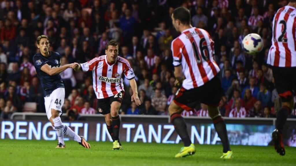 Adnan Januzaj of Manchester United scores his second goal during the Premier League match against Sunderland at the Stadium of Light. Photograph: Michael Regan/Getty Images