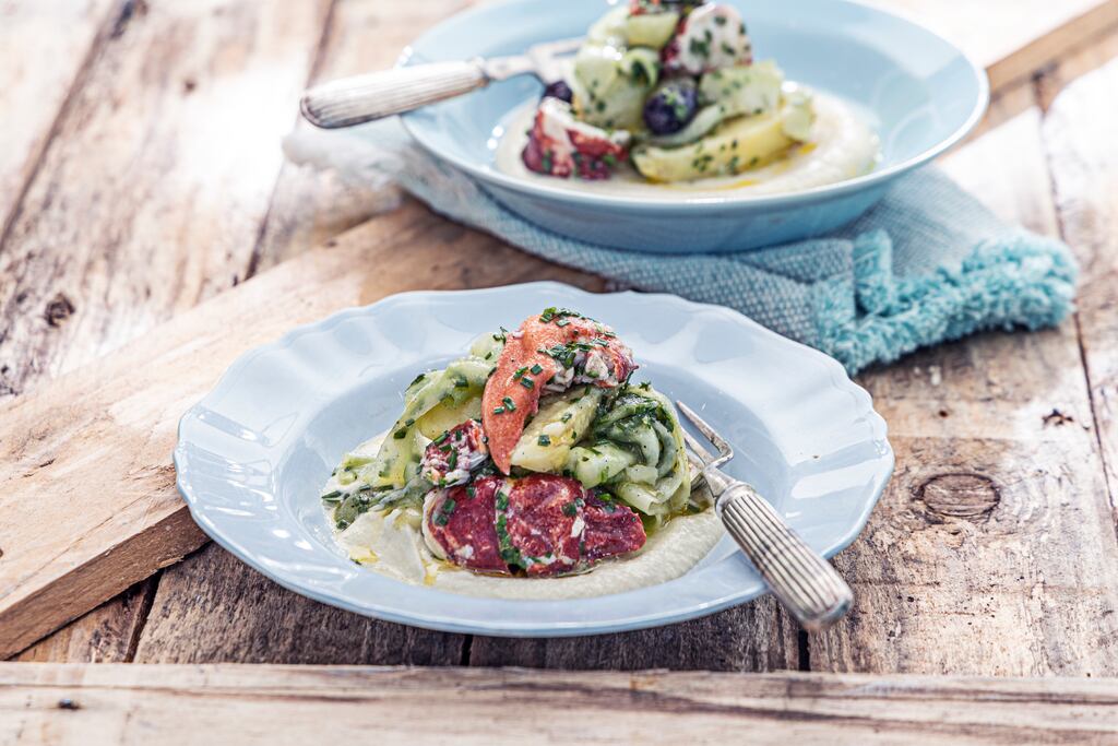 Lobster with cucumber and new potatoes. Photograph: Harry Weir