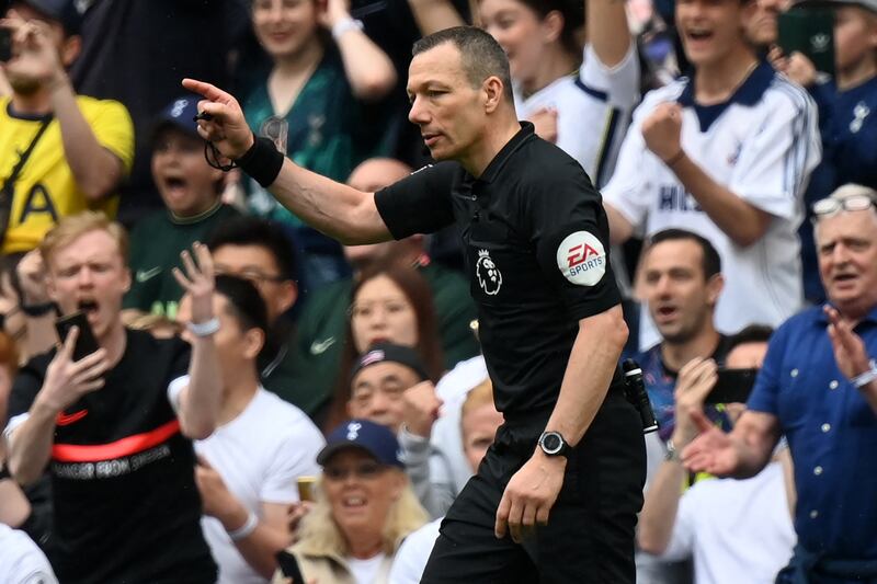 Referee Kevin Friend indicates a penalty to Spurs after a VAR review during the Premier League football match between Tottenham and Burnley at Tottenham Hotspur Stadium in London, on May 15th. Photograph: Glyn Kirk/AFP via Getty Images