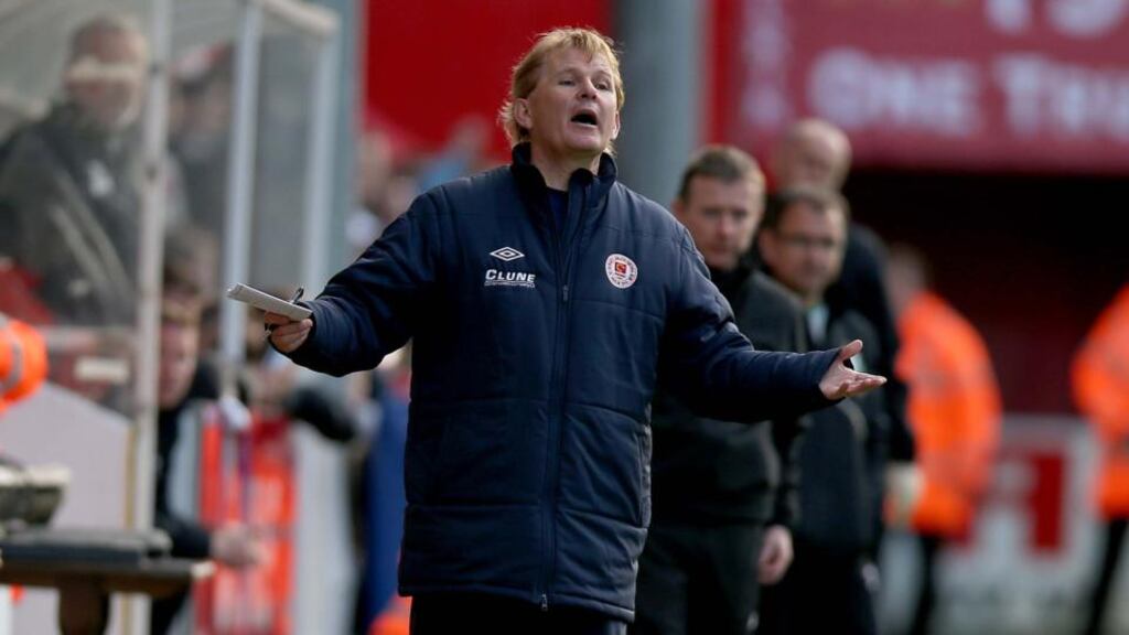 St Pat’s manager Liam Buckley was left nonplussed after RTE commentator Stephen Alkin quizzed him about the early substitution of Shamrock Rovers midfielder Keith Fahey. Photograph: Inpho