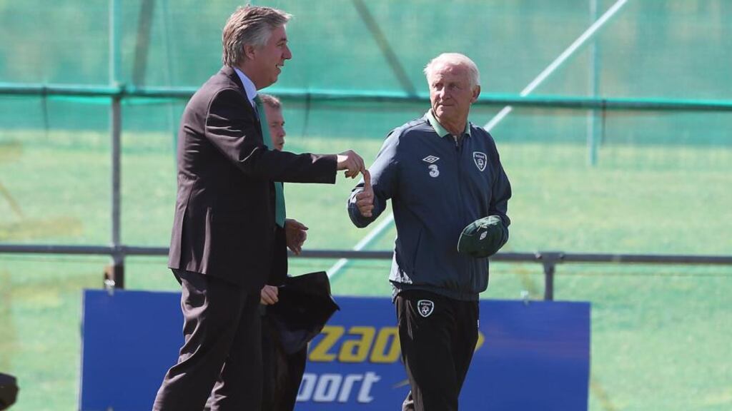John Delaney with Giovanni Trapattoni at Gannon Park in Malahide last week. Photograph: Lorraine O’Sullivan/Inpho