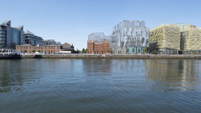 An impression of Salesforce Tower to the left of the Central Bank’s docklands headquarters in Dublin